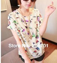 Sexy Women Chiffon Blouse Batwing Short Loose Colorful Bird Printed Shirt S M L Free shipping & wholesale