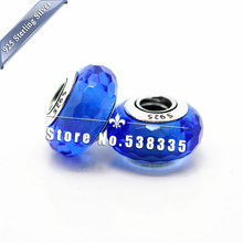 2pcs 925 Sterling Silver Murano Blue Faceted Glass Beads Fits For European pandora Charm necklaces & pendants ZS093