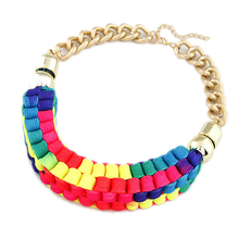 free shipping costume jewelry bohemia neon color statement cotton rope braided big chain bib necklace for