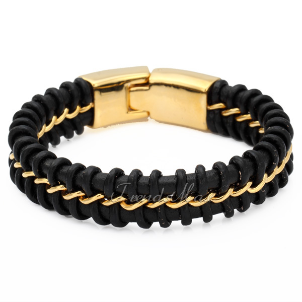 Mens Boys Stylish Chunky Gold Stainless Steel Braided Bangle Black 16mm Wide Leather Bracelet 22 2cm