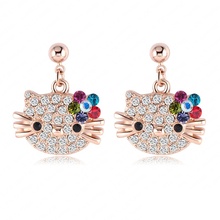 Lovely Cat Flower Stud Earring For Girls 18K Rose Gold Plate Austrian Crystals Kitten Earings With