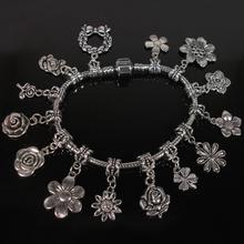 Fashion Tibetan Silver European Bracelet cross flower snow Christmas love Charm dangle bead Snake Chain Bracelet