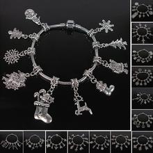 Fashion Tibetan Silver European Bracelet cross flower snow Christmas love Charm dangle bead Snake Chain Bracelet
