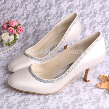 (More Colors)Satin Upper Mid Heel Closed-toes With Satin Flower/ Rhinestone Wedding Bridal Shoes