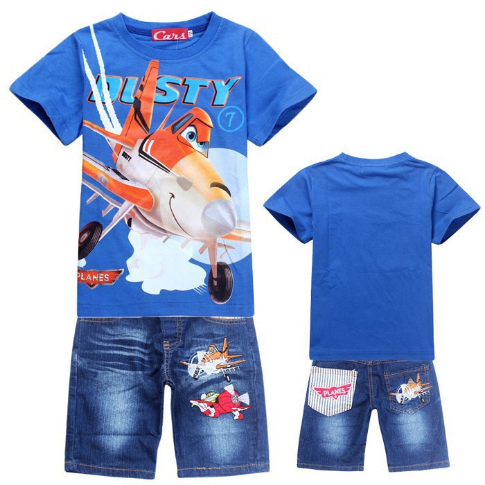 New 2015 Retail Children Set Cartoon DUSTY PLANE fashion suit boys jeans sets t shirt pant