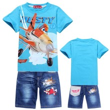 New 2015 Retail Children Set Cartoon DUSTY PLANE fashion suit boys jeans sets t shirt pant