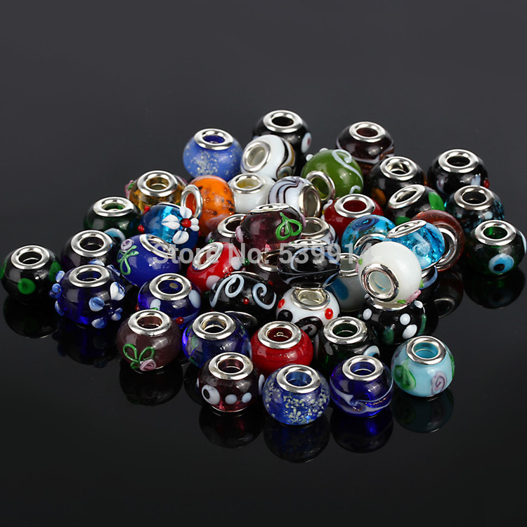 Free Shipping 14mm Glass 925 Stering silver cord Big Hole Loose Beads fit European Pandora Jewelry