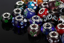 Free Shipping 14mm Glass 925 Stering silver cord Big Hole Loose Beads fit European Pandora Jewelry