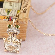 Free Shipping Stylish Design Jewelry Women 14k Gold Filled Austrian Crystal Emerald Frog Pendant Necklace Gift