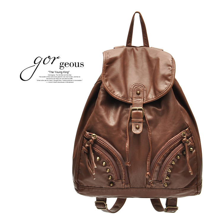 HOT SALE NEW 2015 Brown PU leather backpack brand design women backpack high quality zipper rivet