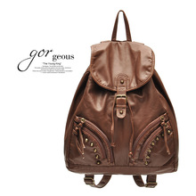 HOT SALE NEW 2014 Brown PU leather backpack brand design women backpack high quality  zipper rivet decoration PU backpack