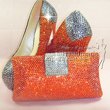 Orange Wedding Shoes WOMENS HIGH HEELS SWAROVSKI ORANGE and SILVER CRYSTAL PARTY /EVENING WEDDING SHOES with MATCHING CLUTCH BAG
