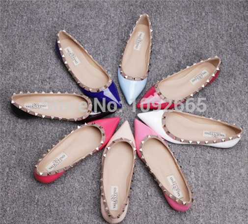 New 2014 valentin women flats shoes sexy pointed toe rivet full genuine leather free shipping big