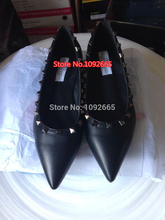 New 2014 valentin women flats shoes sexy pointed toe rivet full genuine leather free shipping big