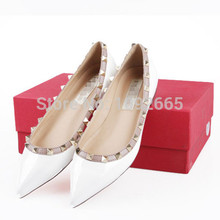 New 2014 valentin women flats shoes sexy pointed toe rivet full genuine leather free shipping big