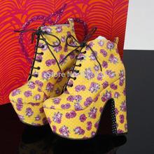 Freeshipping 2014 New Arrival women canvas shoes with thick yellow flowers spell color with ultra-high-heel boots vintage boots