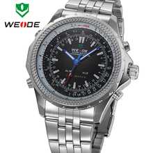 Nuevo WEIDE Mens de alarma de buceo deportivo relojes del cuarzo de japón del análogo LED Digital Dual Time Zone 30 metro Waterproofed reloj de acero completo