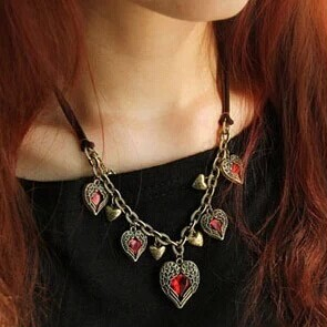 Vintage Ruby Palace Carved Red Peach Heart Love leather choker Necklaces Double layer Angel Wings pendant