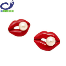 Sexy Red Mouth Pink Love Lip Rhinestone Pearl Stud Earrings for Women Jewelry