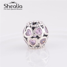 925 Sterling Silver and Pink CZ Openwork Love Heart Charm Beads Fits Pandora Style Charm Bracelet