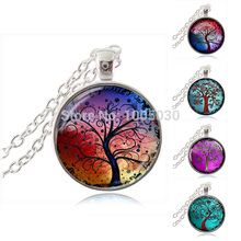 Fashion Glass Tree Picture Pendant, Blue Red Yellow Tree Necklaces & Pendants for women & men Tree of Life Jewelry wholesale