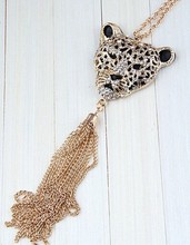 Tassel strass leopard pendant long necklace korean fashion necklaces for women 2014 fine jewelry collier collar