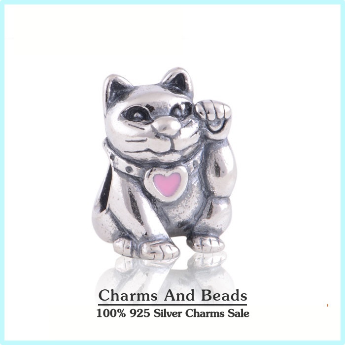925 Sterling Silver Pink Enamel Lucky Cat Thread Charm Beads For Bracelet Jewelry Making Fits Pandora