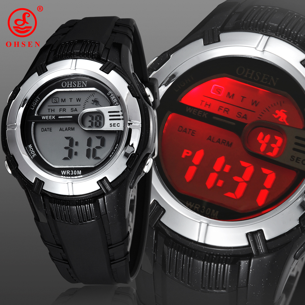 OHSEN Mens Boys Alarm Day Stopwatch Digital Sport Watch Waterproof Black Rubber Strap Wristwatch 7 Colors