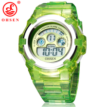Ohsen niños niñas niños 7 colores LED Back Light Digital multifunción deporte militar relojes verde jalea del reloj del silicón