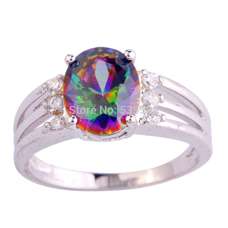 Fashion New Jewelry Unisex Mystic Rainbow Topaz White Sapphire 925 Silver Ring Size 6 7 8