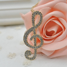 2014 fashion jewelry Silver gold hinestone Crystal Clear Music Note Long Necklace Necklaces for women free