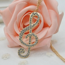 2014 fashion jewelry Silver gold hinestone Crystal Clear Music Note Long Necklace Necklaces for women free