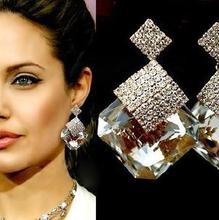 2014 Fashion accessories black and white square crystal luxury sparkling big gold earrings for women E065B9
