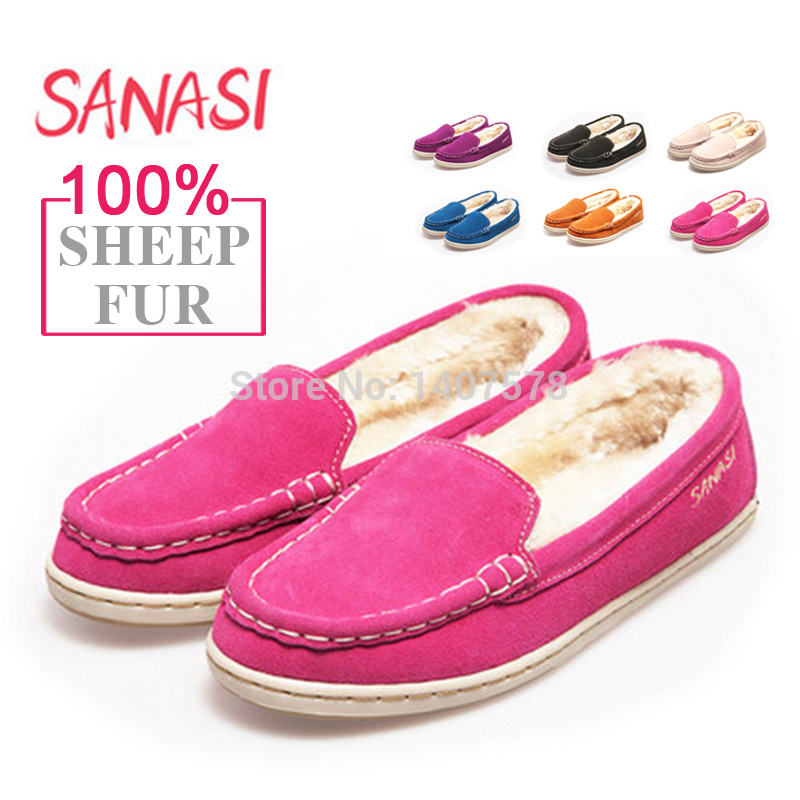 Brand Leather Flats Shoes Women Sheep Fur Genuine Leather Flats Shoes Woman Winter Solid Casual Loafers