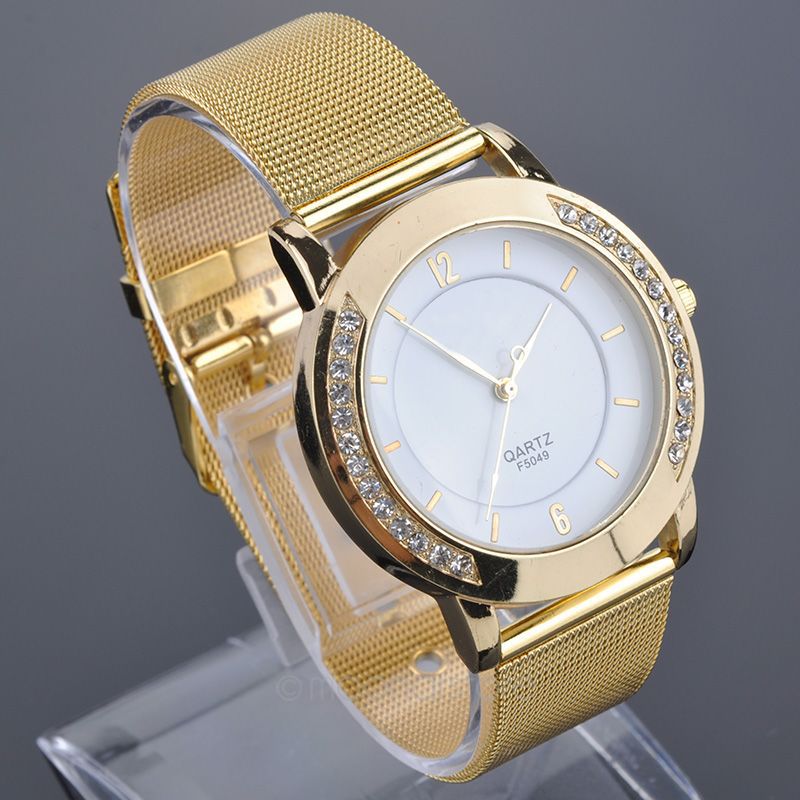 2014 Women Elegant Quartz Stainless Steel Large Rhinestone Case Watch Quartz Watches Golden Watches Dress Watches