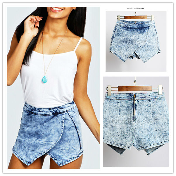 Ladies New Demin Skorts Shorts Skirts Acid Wash Jean Denim Faded Hot ...