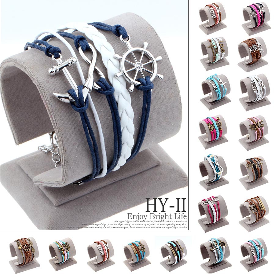 Handmade bracelet pulseras Wax Love Anchor Owl Hungry Games Leather bracelet Charm bracelets pulseira couro bracelets