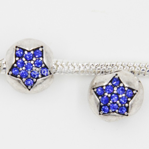10 pcs 9mm Antique silver star rhinestone spacer beads European charm beads fit Pandora Bracelet necklace