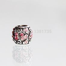 Metal Charm beads 10 pcs 10mm Antique silver pink rhinestone heart beads Fit Pandora jewelry Fitting