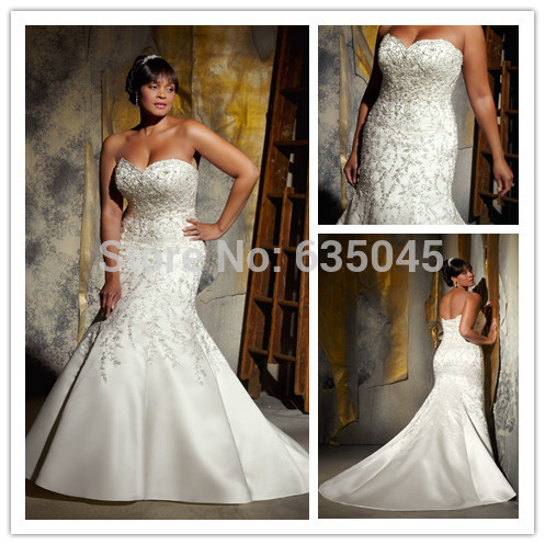 2015 New Custom Made Ivory White Satin Beading Pearl Appliqued Mermaid Wedding Dress Plus Size Wedding