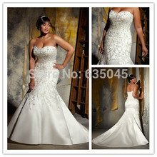 2015 New Custom Made Ivory White Satin Beading Pearl Appliqued Mermaid Wedding Dress Plus Size Wedding