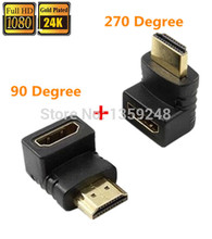 Free shipping Hot sale 90 or 270 Degree Right Angle Gold plated HDMI Adapter A type Male to Female for 1080p 3D TV HDTV 2PCS/lot