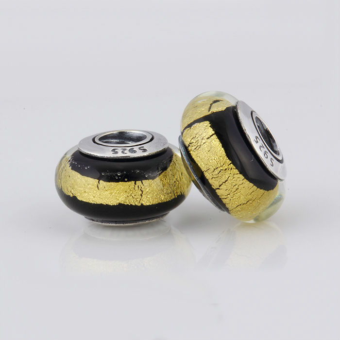 Authentic 925 Sterling Silver Golden Stripes Glass Bead Fit Pandora Bracelets Gold Black Murano Glass Beads