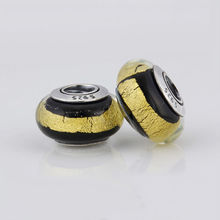 Golden Stripes Glass Bead Authentic 925 Sterling Silver Gold Black Murano Glass Beads Female Diy Charm Bracelets Jewelry HT260