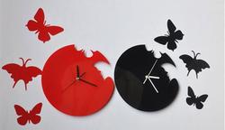 Frete grátis por cpam diy criativo borboleta silencioso resina relógio de parede com borboletas 3 12 polegadas 1*aa( para nãoincluir) preto/vermelho pmma
