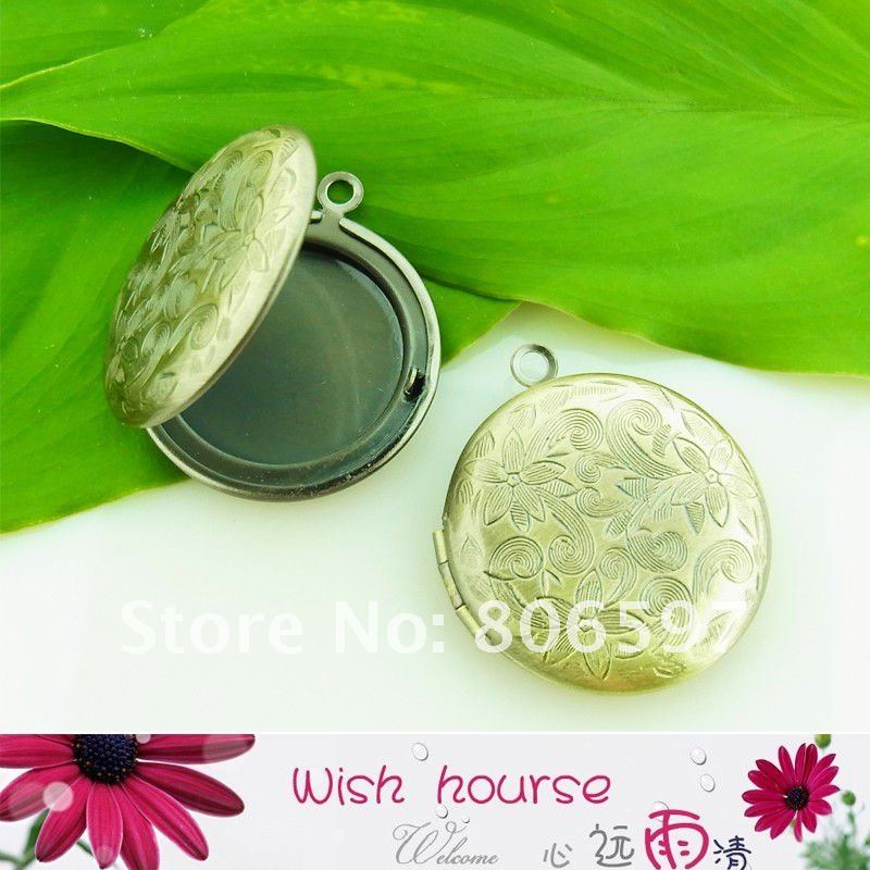 WHL009,,free shipping wholesale to European countries 27mm anitque bronze round locket pendants,flower carved round lockets(China (Mainland))