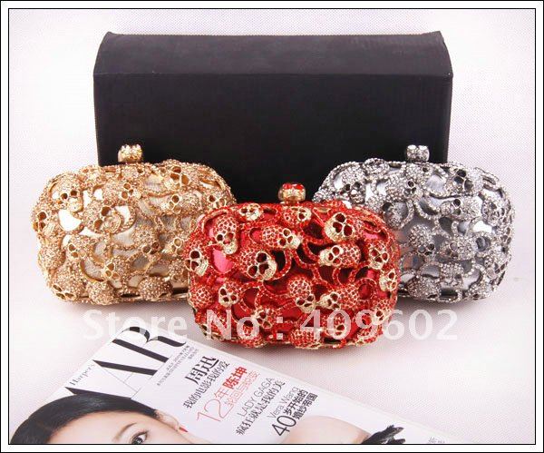 Free shipping diamond skull clutch evening bag dress purses women handbags clutches with chain gold silver