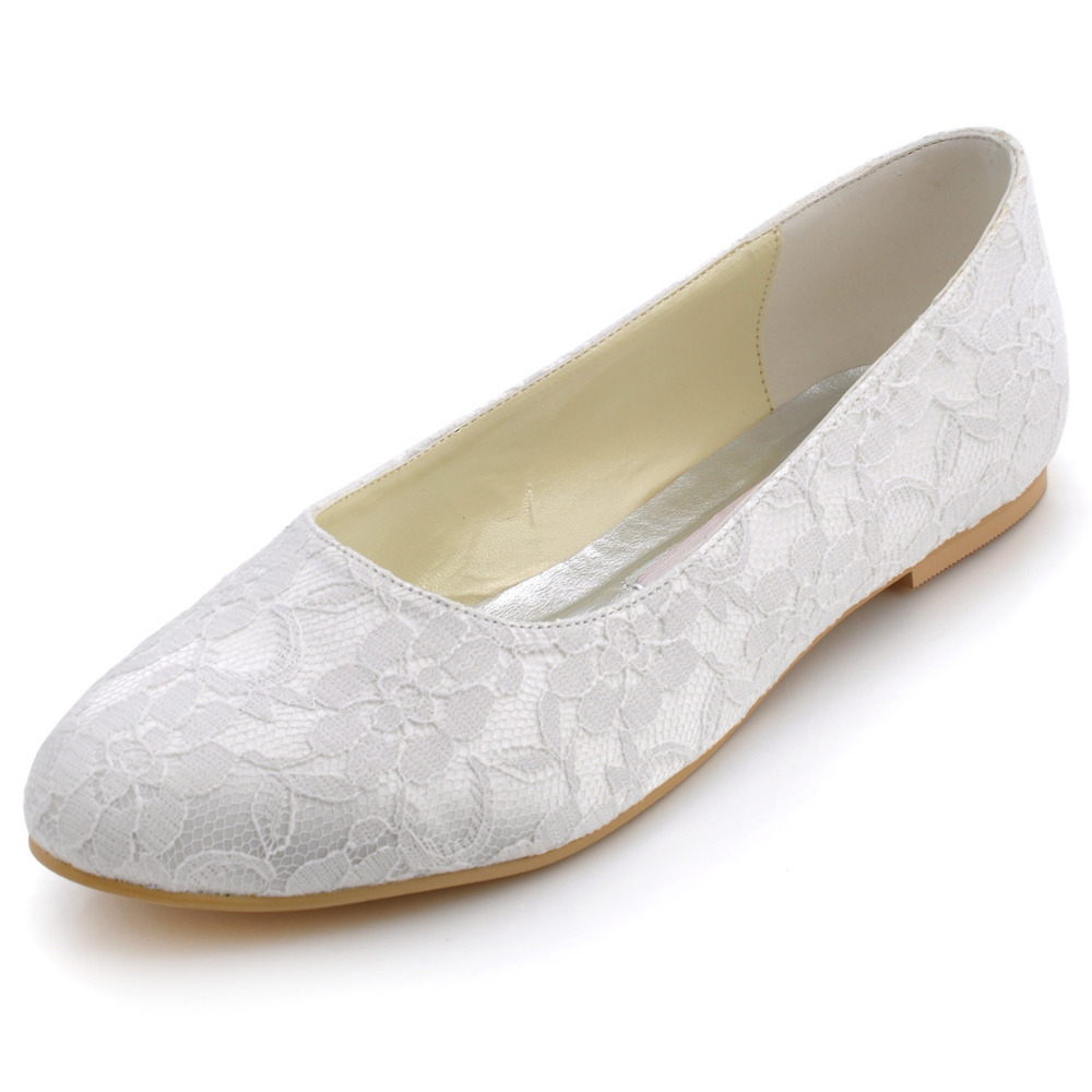 Fashion Woman Flat Shoes Plus Size Elegant EP11106 White Round Toe Lace Bridal Flats Wedding Shoes