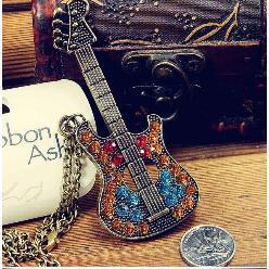 Fashion Chromatic Rhinestone Guitar Sweater Metal Chain Necklace Wholesale Free Shipping Cheap Statement Jewelry Women 2014