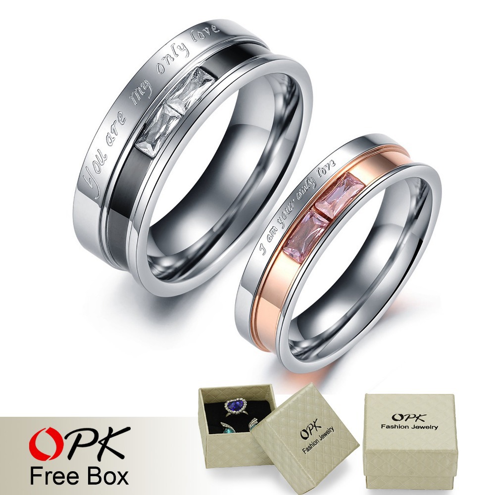 OPK JEWELRY Box Packing Stainless Steel Crystal Couple Ring Romantic Men and Women s Wedding Ring